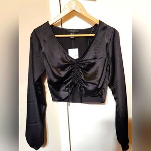 💜 Satin Cinched Crop Top Balloon Sleeve V-Neck Side Zip NWT